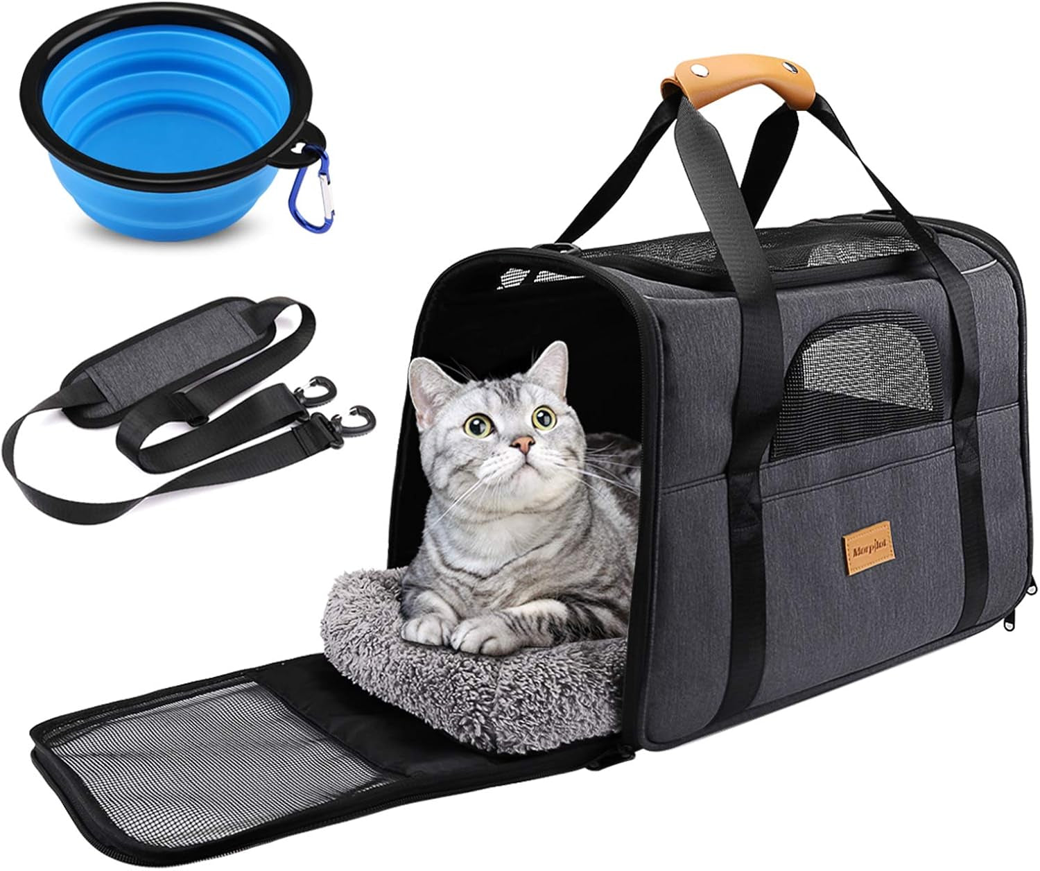 Portable Cat and Small Dog Carrier Bag, Foldable Soft-Sided Transport Carrier, Airline Approved with Shoulder Strap, Removable Mat, and Pet Bowl