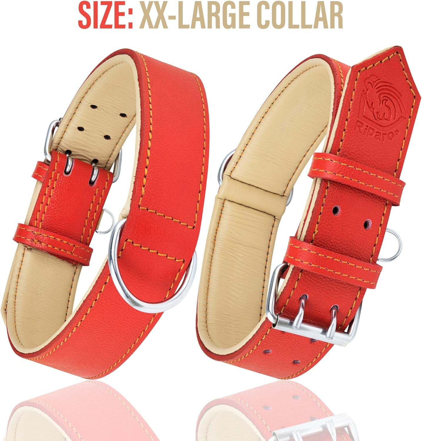 Riparo Genuine Leather Padded Dog Heavy Duty Adjustable Collar (L: 3.8CM Wide for 45.7CM - 53.3CM Neck, Red)