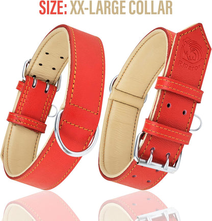 Riparo Genuine Leather Padded Dog Heavy Duty Adjustable Collar (L: 3.8CM Wide for 45.7CM - 53.3CM Neck, Red)