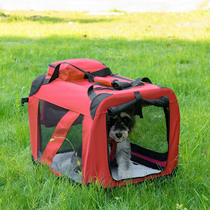 Pawhut 60Cm Foldable Pet Carrier, Soft Side Pet Travel Crate W/ Mat, Red
