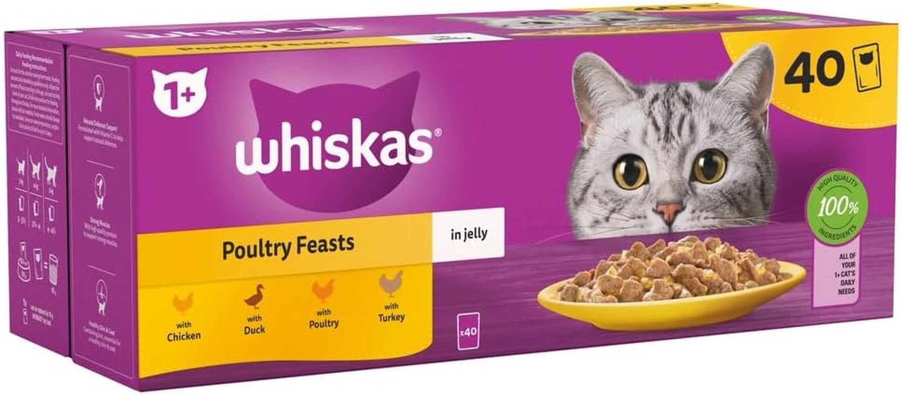 - 1+ Adult Wet Cat Food Pouches - 40 X 85 G - Poultry Selection - Bulk Cat Food Megapack - 40 Jelly Pouches
