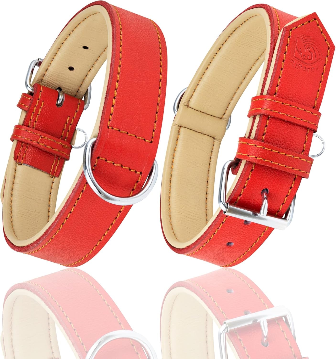 Riparo Genuine Leather Padded Dog Heavy Duty Adjustable Collar (L: 3.8CM Wide for 45.7CM - 53.3CM Neck, Red)