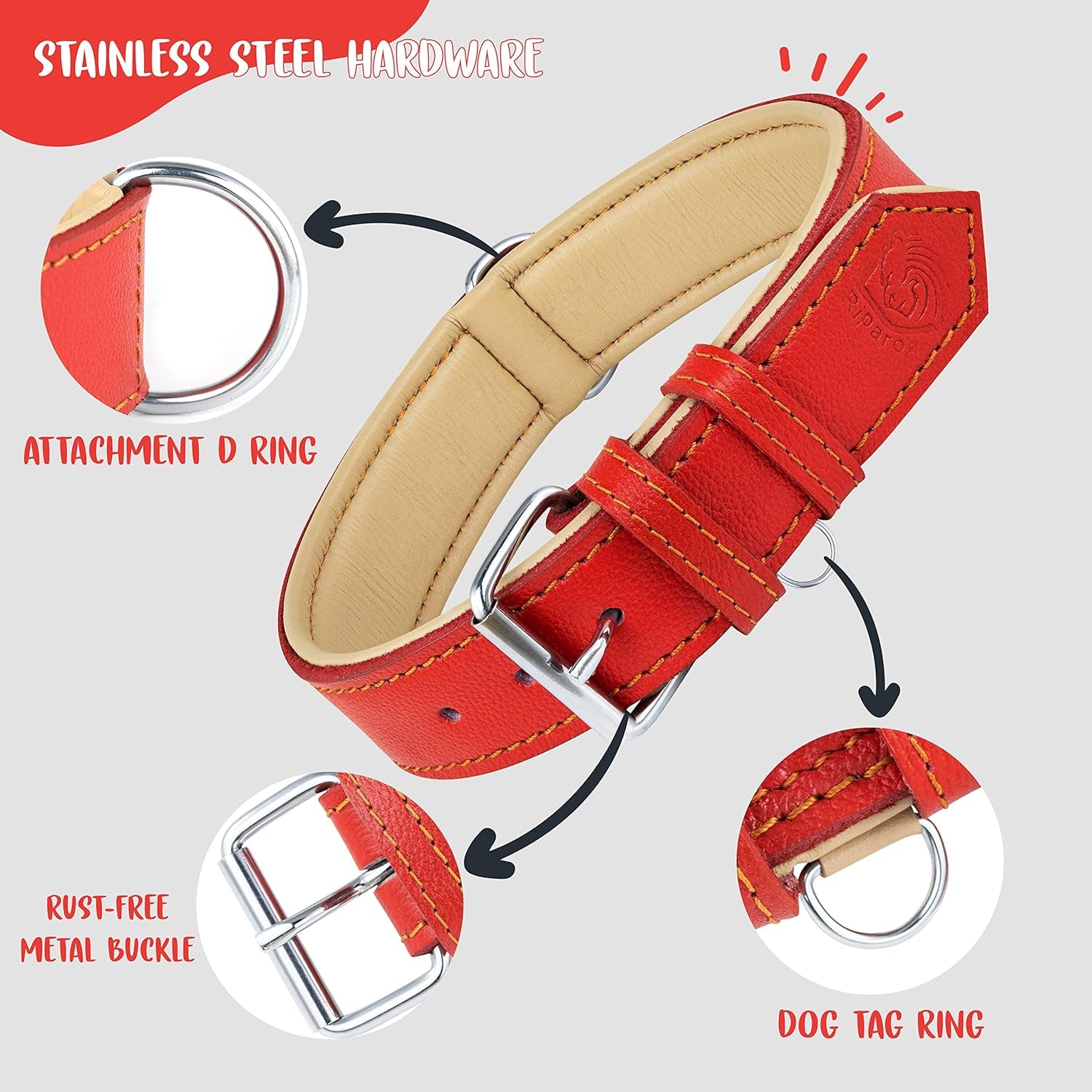 Riparo Genuine Leather Padded Dog Heavy Duty Adjustable Collar (L: 3.8CM Wide for 45.7CM - 53.3CM Neck, Red)