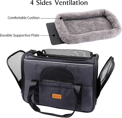 Portable Cat and Small Dog Carrier Bag, Foldable Soft-Sided Transport Carrier, Airline Approved with Shoulder Strap, Removable Mat, and Pet Bowl