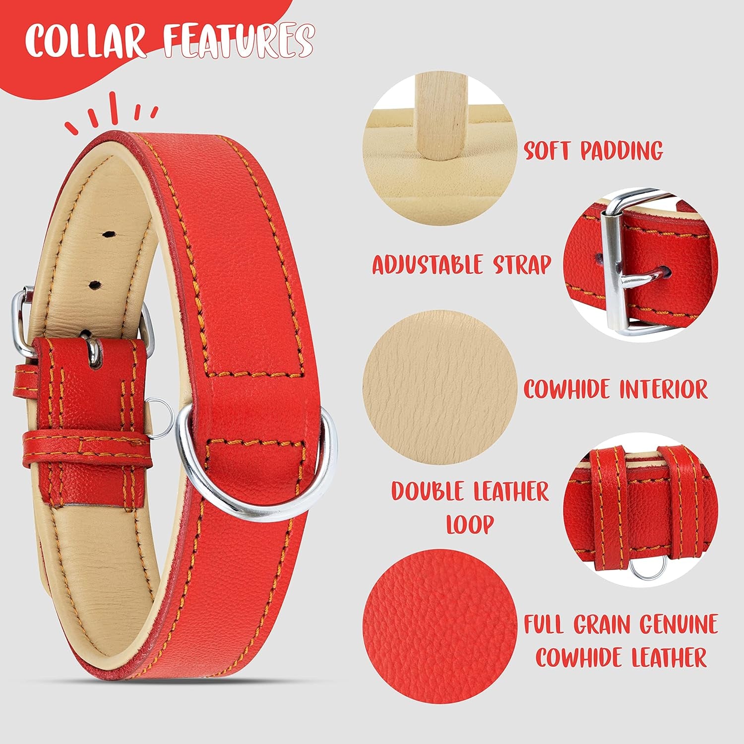 Riparo Genuine Leather Padded Dog Heavy Duty Adjustable Collar (L: 3.8CM Wide for 45.7CM - 53.3CM Neck, Red)
