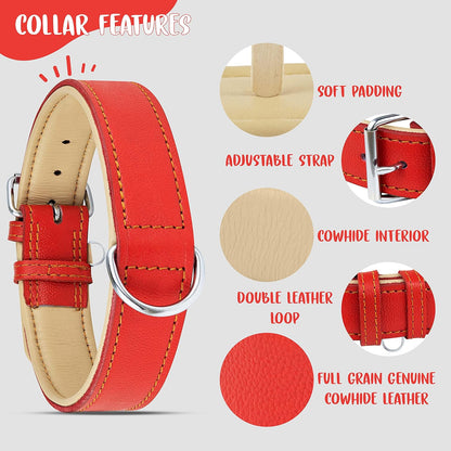 Riparo Genuine Leather Padded Dog Heavy Duty Adjustable Collar (L: 3.8CM Wide for 45.7CM - 53.3CM Neck, Red)
