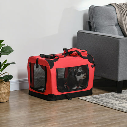 Pawhut 60Cm Foldable Pet Carrier, Soft Side Pet Travel Crate W/ Mat, Red