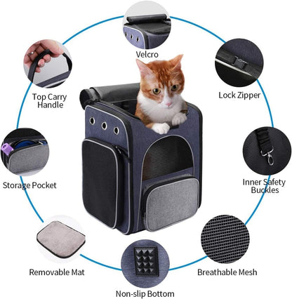 Cat Carrier Backpack - Foldable & Breathable Pet Carrier for Cats & Small Dogs, Perfect for Hiking & Travel with Safety Leash & Collapsible Bowl
