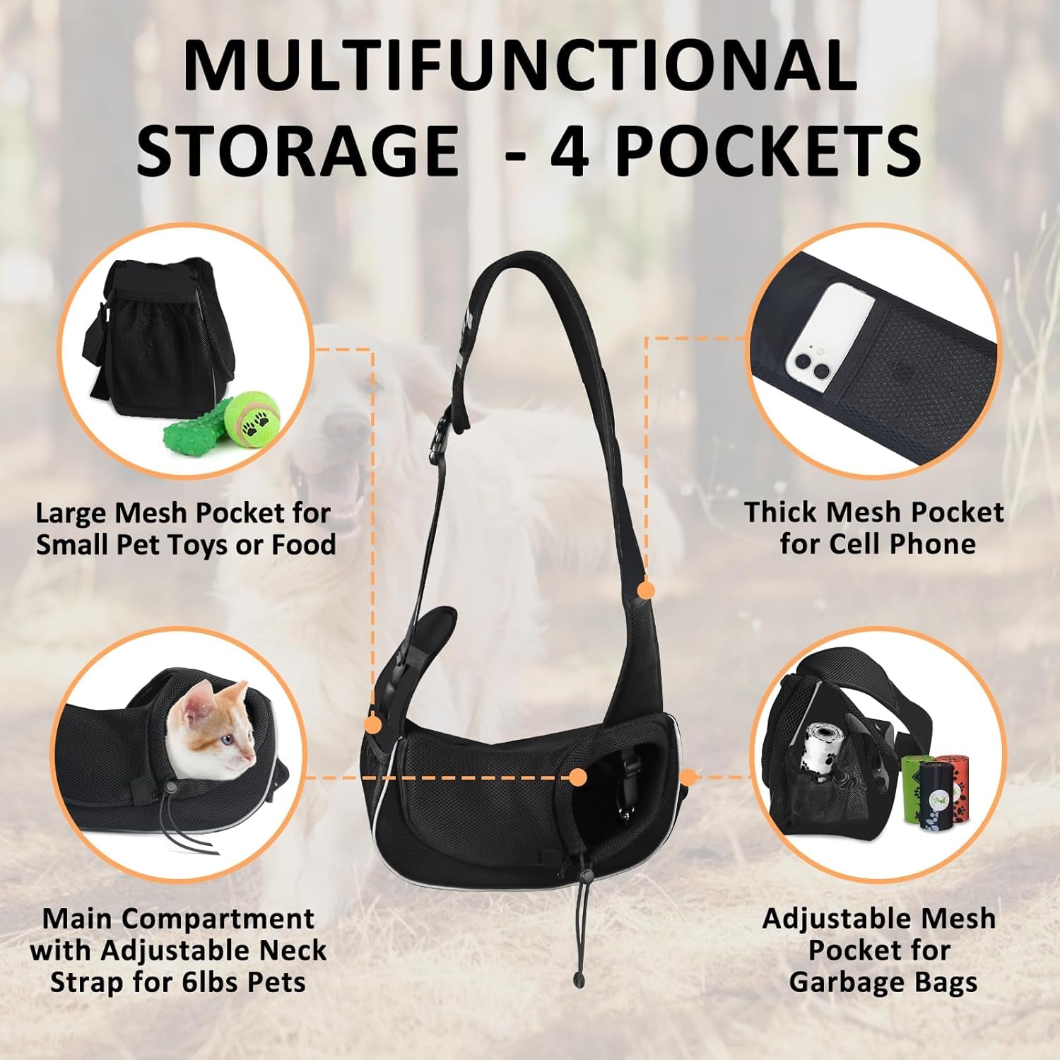 Stylish and Comfortable Pet Carrier Sling for Small Dogs, Cats, and Rabbits - Versatile Travel Bag with Safety Belt and Multiple Pockets in Black