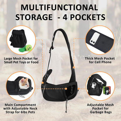 Stylish and Comfortable Pet Carrier Sling for Small Dogs, Cats, and Rabbits - Versatile Travel Bag with Safety Belt and Multiple Pockets in Black