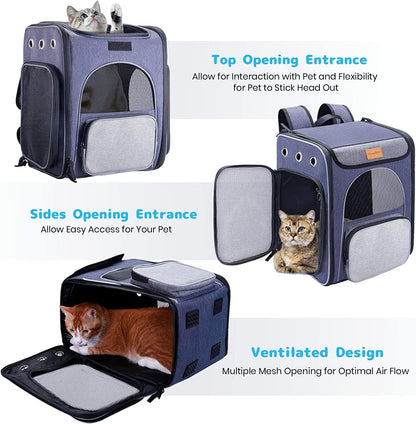 Cat Carrier Backpack - Foldable & Breathable Pet Carrier for Cats & Small Dogs, Perfect for Hiking & Travel with Safety Leash & Collapsible Bowl