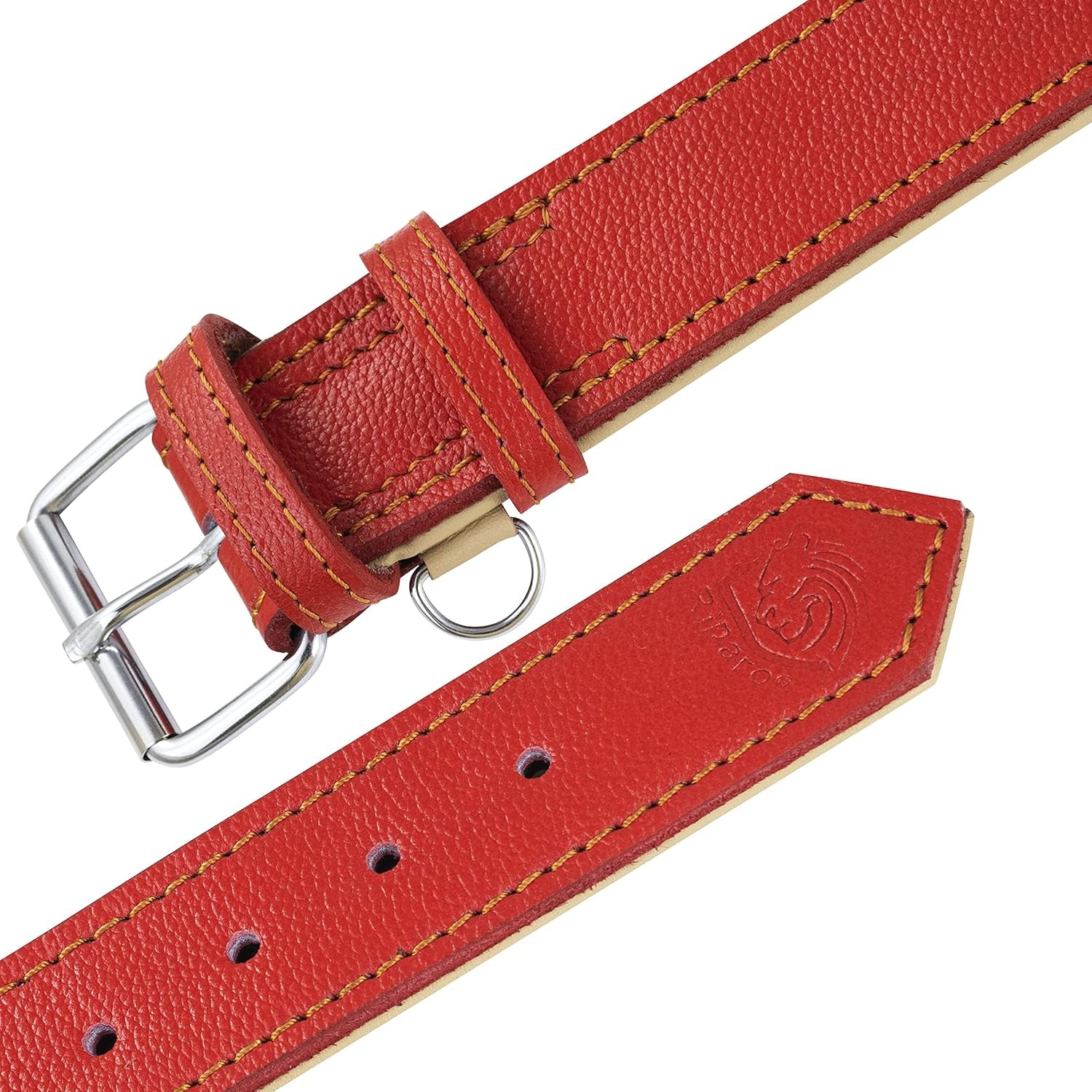 Riparo Genuine Leather Padded Dog Heavy Duty Adjustable Collar (L: 3.8CM Wide for 45.7CM - 53.3CM Neck, Red)