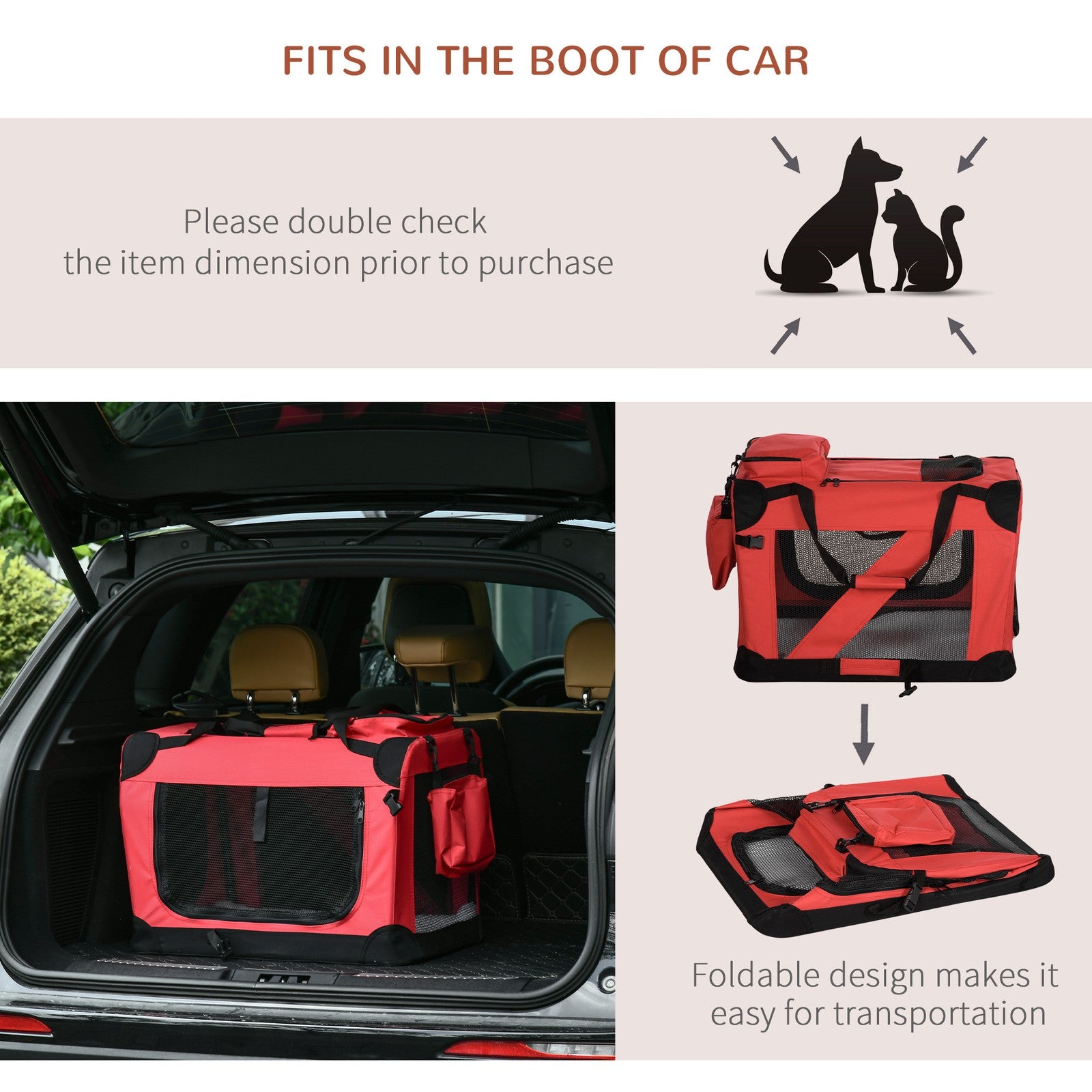 Pawhut 60Cm Foldable Pet Carrier, Soft Side Pet Travel Crate W/ Mat, Red