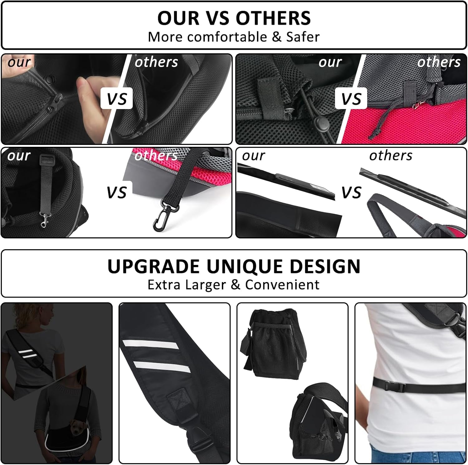 Stylish and Comfortable Pet Carrier Sling for Small Dogs, Cats, and Rabbits - Versatile Travel Bag with Safety Belt and Multiple Pockets in Black