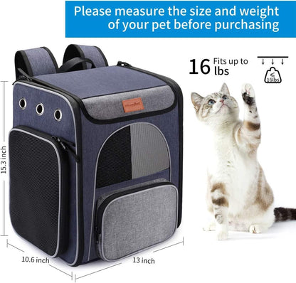 Cat Carrier Backpack - Foldable & Breathable Pet Carrier for Cats & Small Dogs, Perfect for Hiking & Travel with Safety Leash & Collapsible Bowl