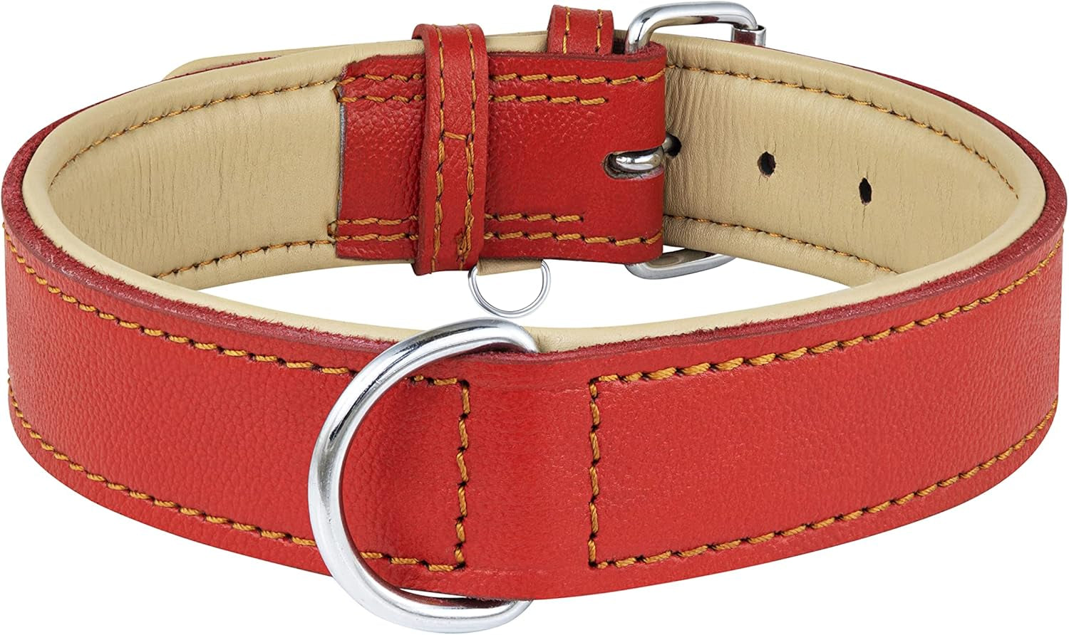 Riparo Genuine Leather Padded Dog Heavy Duty Adjustable Collar (L: 3.8CM Wide for 45.7CM - 53.3CM Neck, Red)