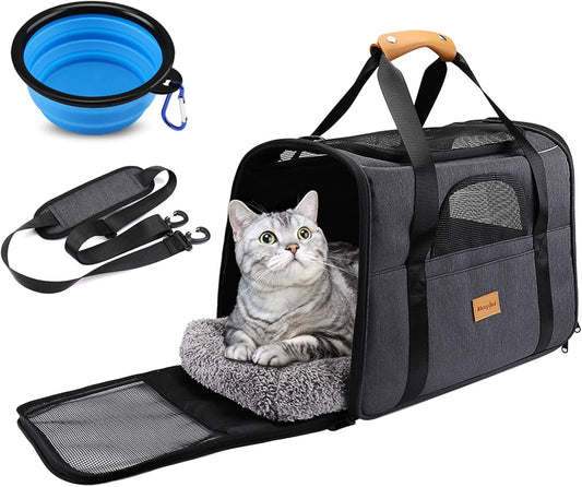 Portable Cat and Small Dog Carrier Bag, Foldable Soft-Sided Transport Carrier, Airline Approved with Shoulder Strap, Removable Mat, and Pet Bowl