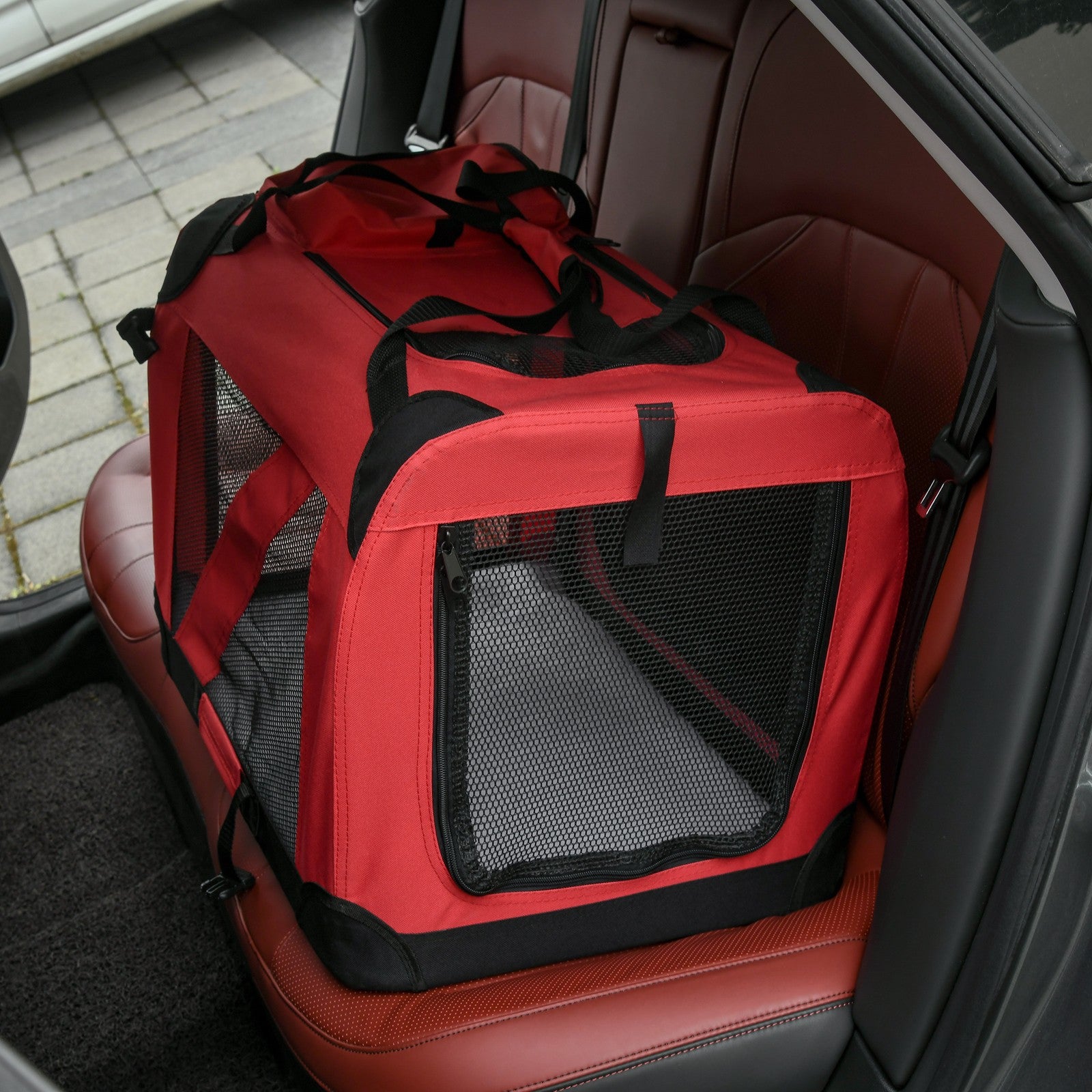 Pawhut 60Cm Foldable Pet Carrier, Soft Side Pet Travel Crate W/ Mat, Red