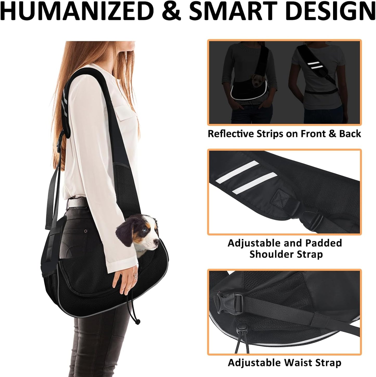 Stylish and Comfortable Pet Carrier Sling for Small Dogs, Cats, and Rabbits - Versatile Travel Bag with Safety Belt and Multiple Pockets in Black