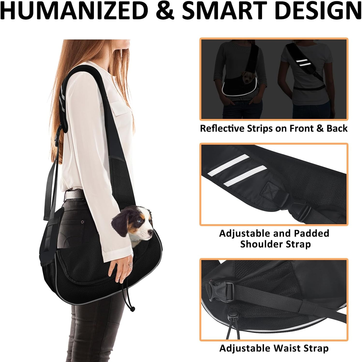 Stylish and Comfortable Pet Carrier Sling for Small Dogs, Cats, and Rabbits - Versatile Travel Bag with Safety Belt and Multiple Pockets in Black