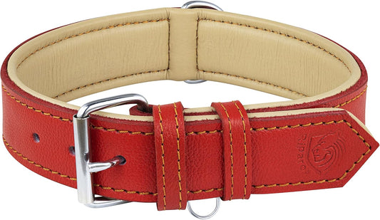 Riparo Genuine Leather Padded Dog Heavy Duty Adjustable Collar (L: 3.8CM Wide for 45.7CM - 53.3CM Neck, Red)