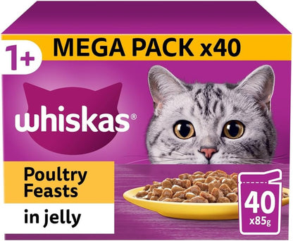 - 1+ Adult Wet Cat Food Pouches - 40 X 85 G - Poultry Selection - Bulk Cat Food Megapack - 40 Jelly Pouches
